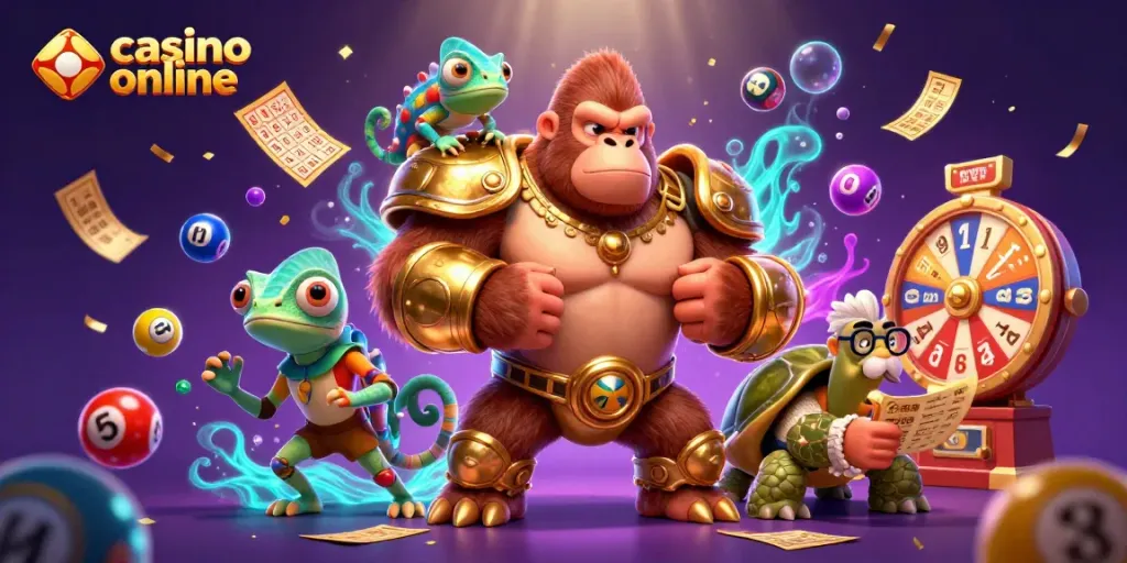 Visualiza un emocionante casino online con un gorila, un camaleón y una tortuga, rodeados de elementos de juego.