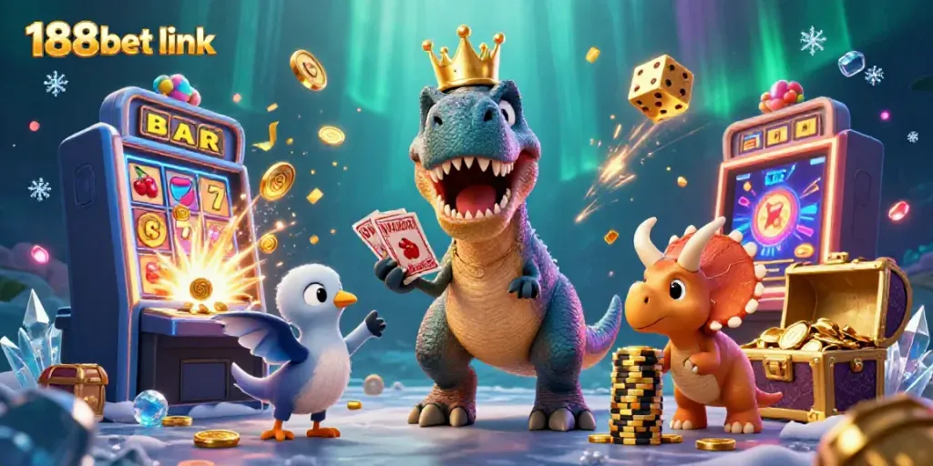 Experience fun with 188bet link featuring a playful T-Rex and casino elements