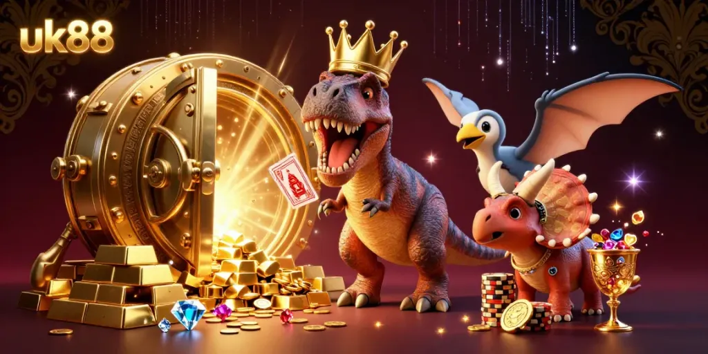 uk88 introduces a fun casino scene with a T-Rex shuffling cards and a triceratops stacking chips.