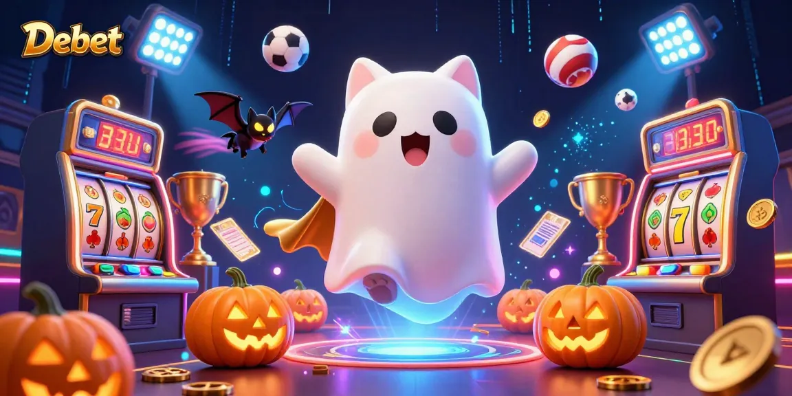 Experience the thrilling Debet casino with a ghost cat and lucky symbols glowing.