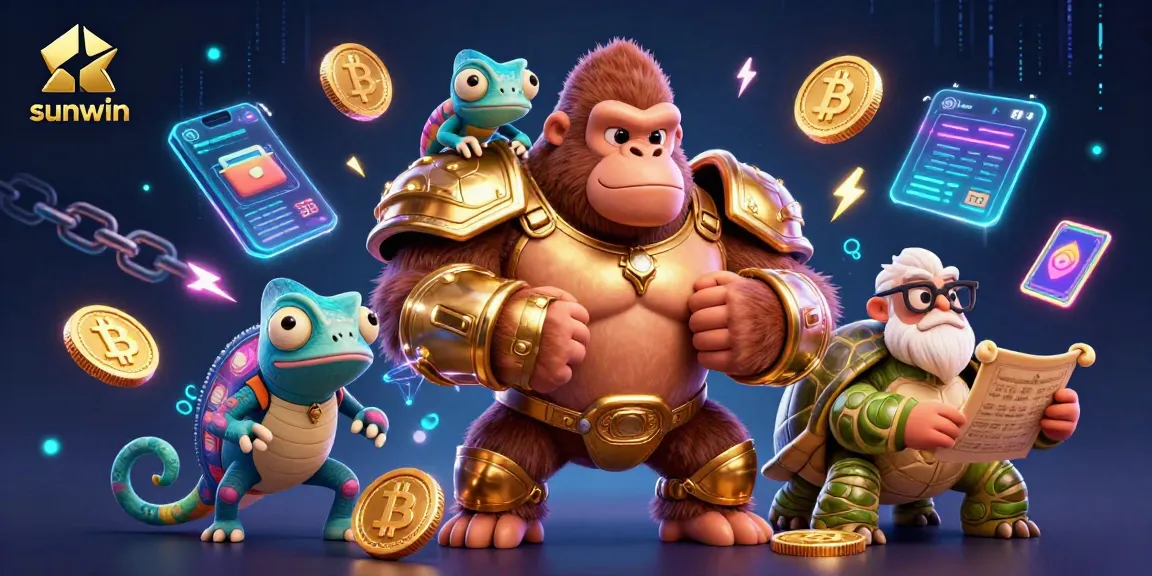 Sunwin showcases powerful gambling characters in a vibrant crypto-themed scene.