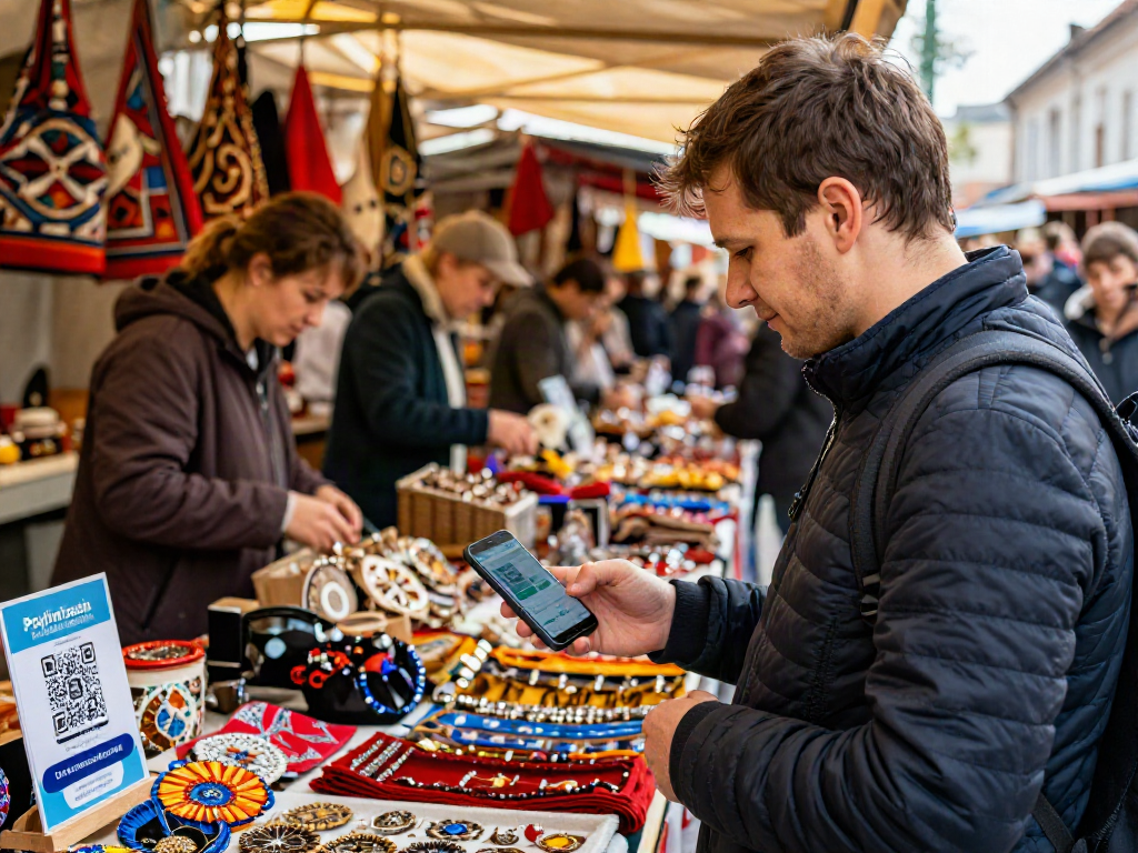 Pagando en un mercado ruso con la aplicación https://payinrussia.com/ en un smartphone, rodeado de productos locales y un ambiente vibrante.