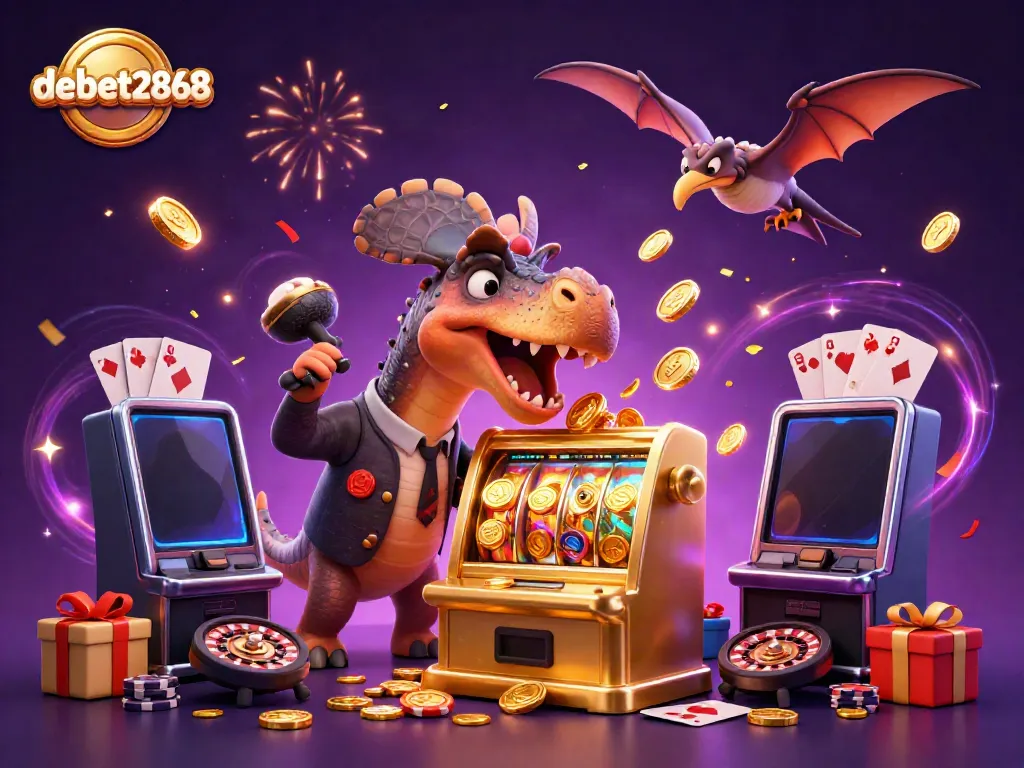 Experience the thrill of debet2868 with animated dinosaurs celebrating jackpots surrounded by casino elements.