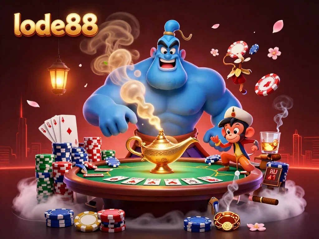 Experience thrilling gaming with lode88 as a blue genie and monkey bring excitement to the virtual casino.