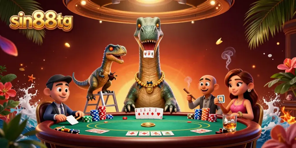 Experience the thrill of sin88tg with a cartoon dinosaur towering over a poker table surrounded by dynamic gaming elements.