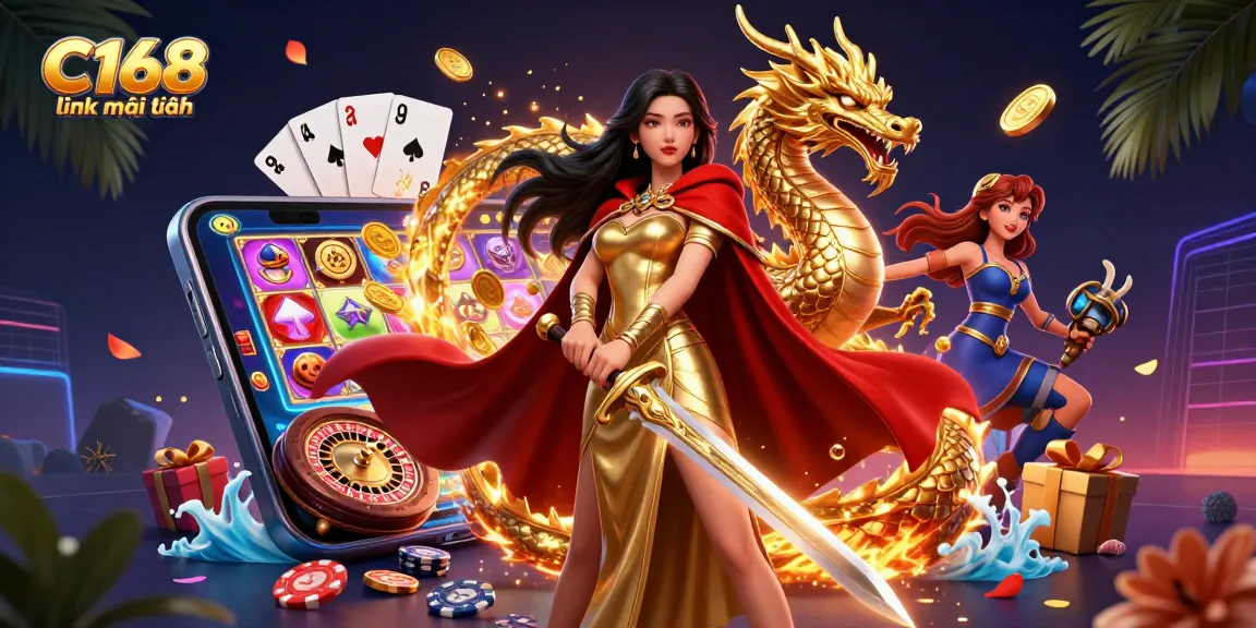 C168 link mới nhất illuminates an advanced gambling scene with a warrior queen among dynamic casino elements, showcasing immersive gaming.
