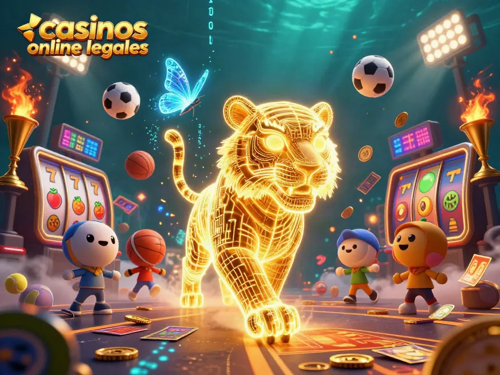 Ilustración de un tigre dorado en un casino digital mostrando casinos online legales y sus juegos.