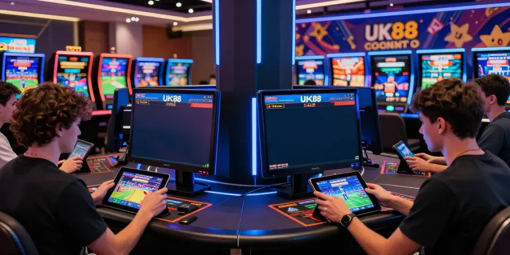 Exciting online gaming environment at UK88 with players using mobile and tablet devices.