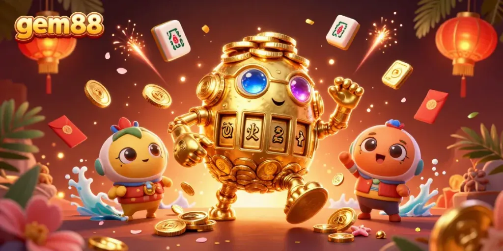 Experience the thrill of gem88 with an enchanting 3D golden golem surrounded by vibrant casino elements.