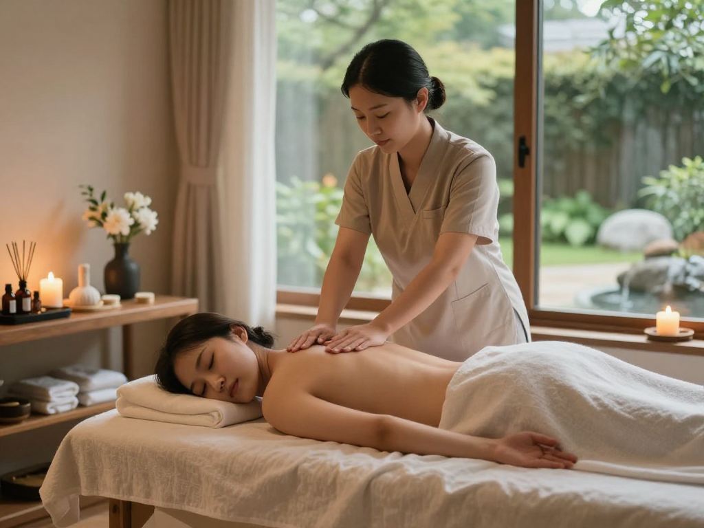 Serene 인천출장마사지 therapy scene in a calming spa environment.