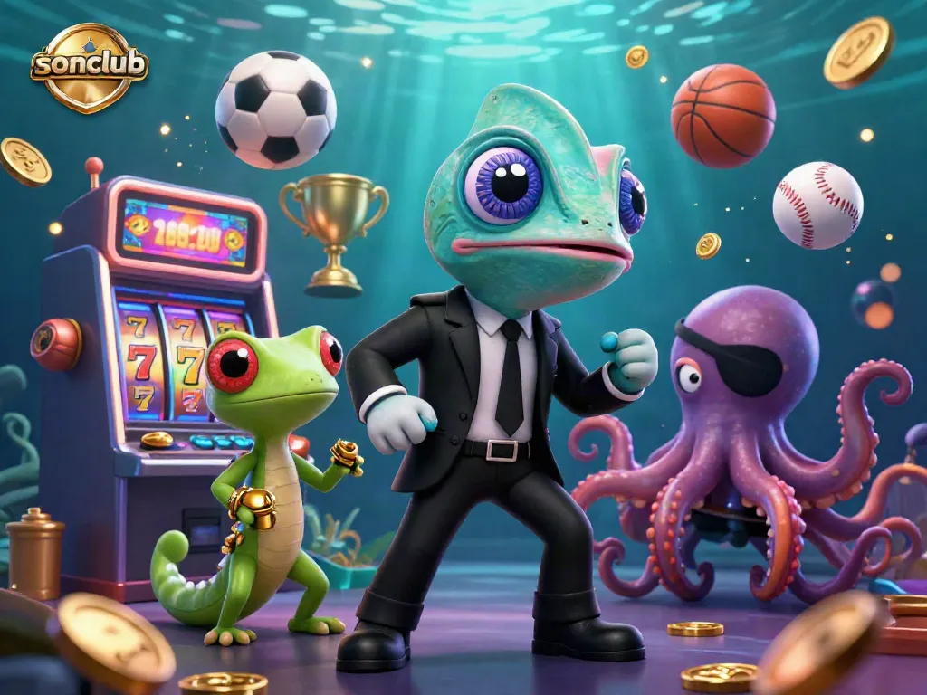 Experience thrilling gaming action with sonclub's vibrant casino elements featuring chameleon characters and gold coins.