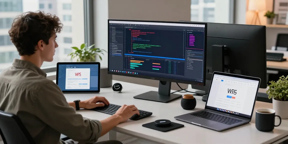 Productive workspace featuring WPS Official Website on a sleek monitor in a modern tech environment.