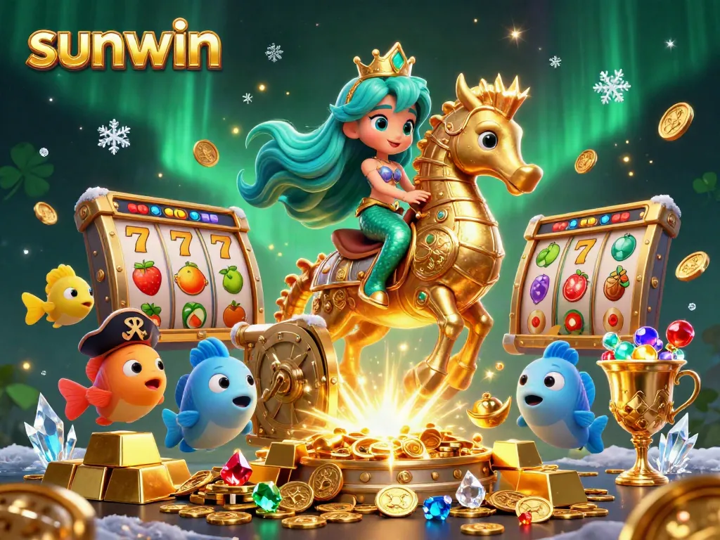 Experience thrilling wins with sunwin in a vibrant casino fantasy scene filled with treasures and luck.
