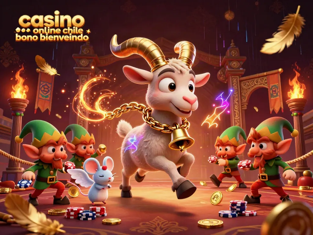 Ilustración 3D Casino online Chile bono bienvenida, donde Krampus y sus amigos crean caos en un casino.