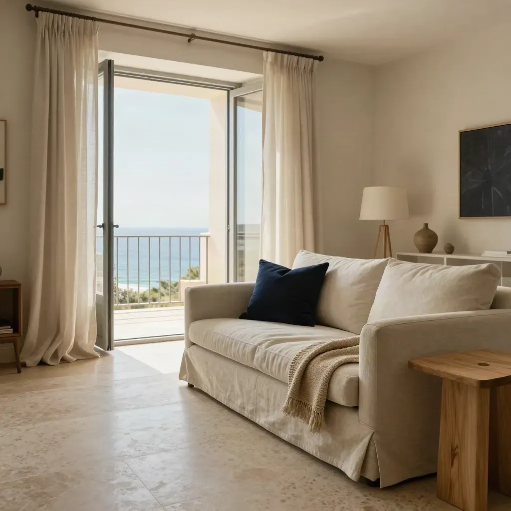 Salón luminoso de piso en venta con sofá neutro, cortinas de lino y terraza soleada.