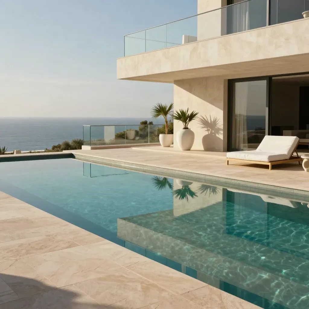 Terraza de villa de lujo con piscina, pavimento de piedra y reflejo perfecto bajo la luz del mediodía.