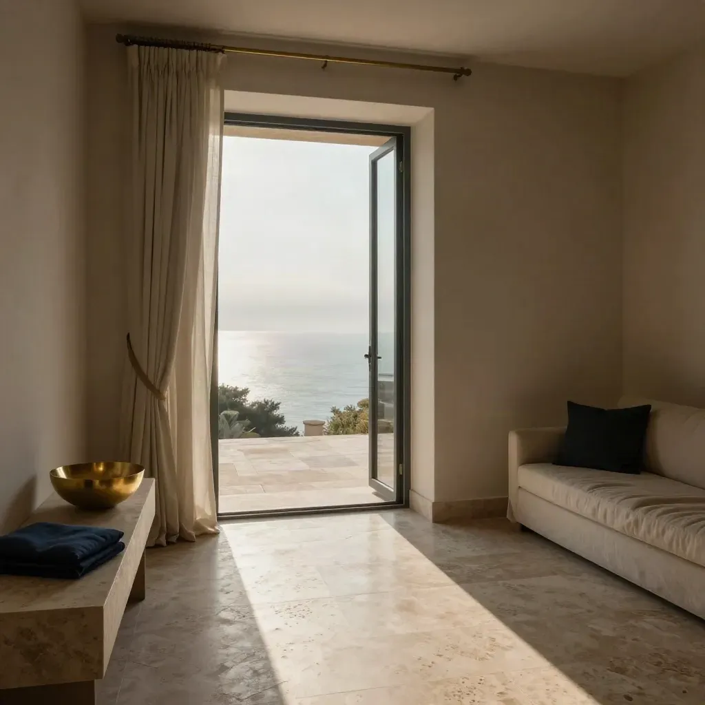 Salón mediterráneo con terraza al mar, travertino, lino y luz de mañana.
