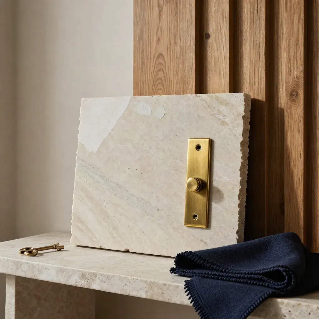Muestras de piedra, roble y yeso con detalles en latón sobre una consola de interior.