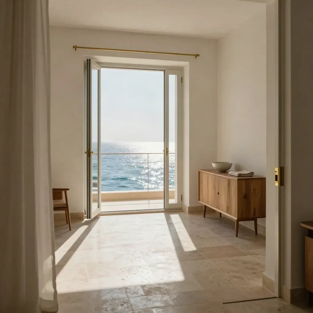 Salón vacío de apartamento en Alicante con balcón abierto y luz marina cálida.