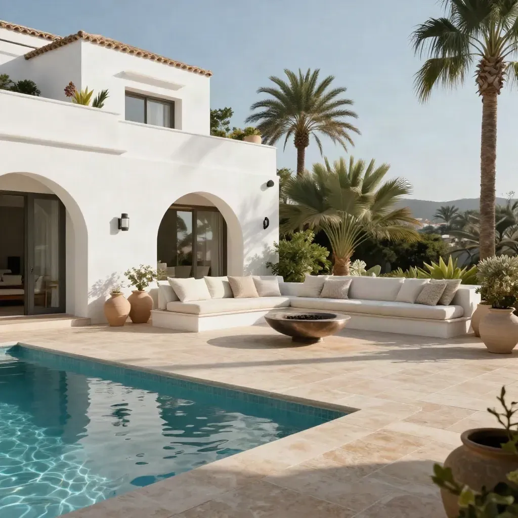 Terraza de villa en Marbella con piscina, lounge hundido y palmeras, bañada por luz cálida.
