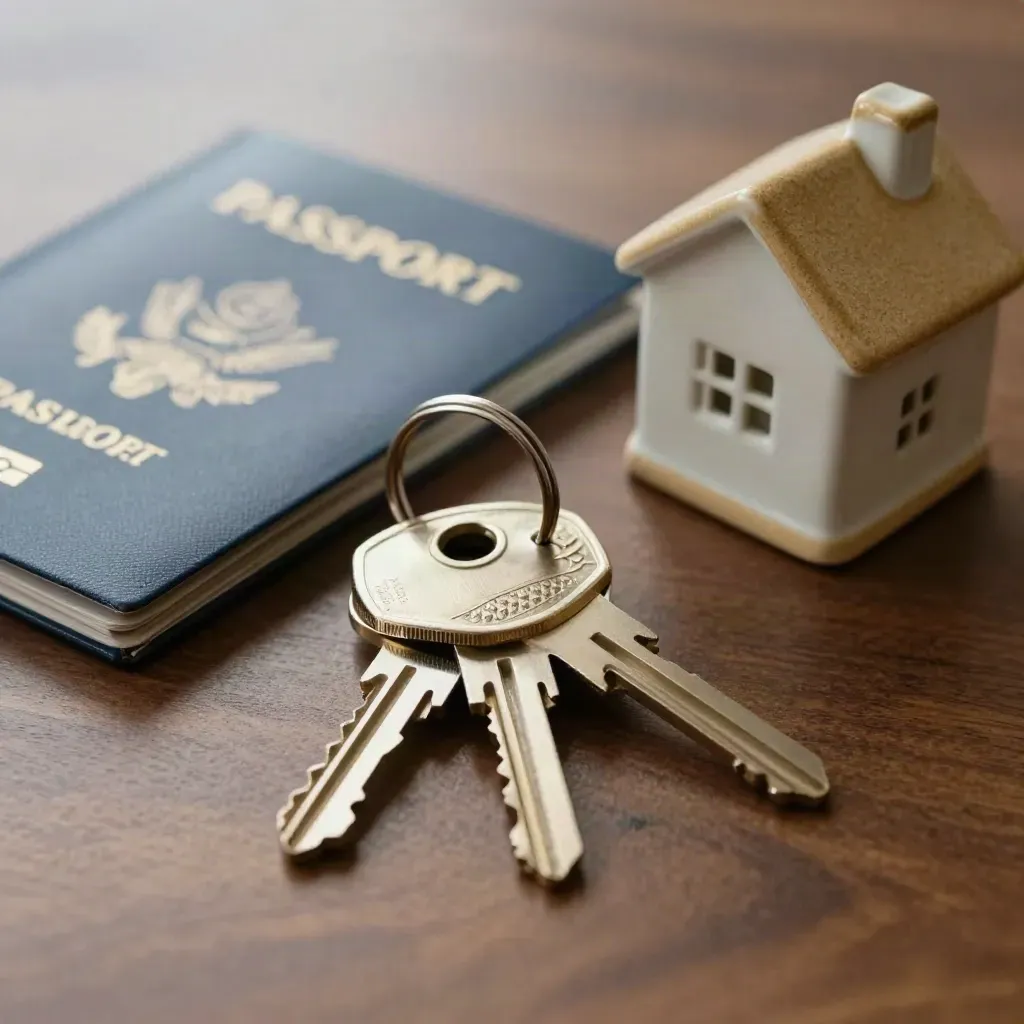 Llaves de piso, funda de pasaporte y casita cerámica sobre nogal, con luz dramática.