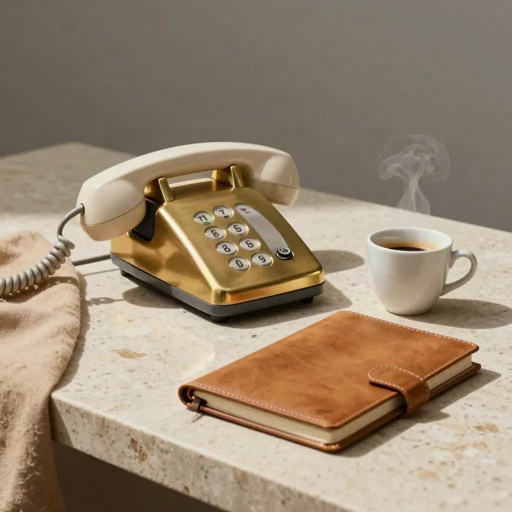 Auricular de teléfono, cuaderno de cuero y taza de espresso sobre piedra clara.