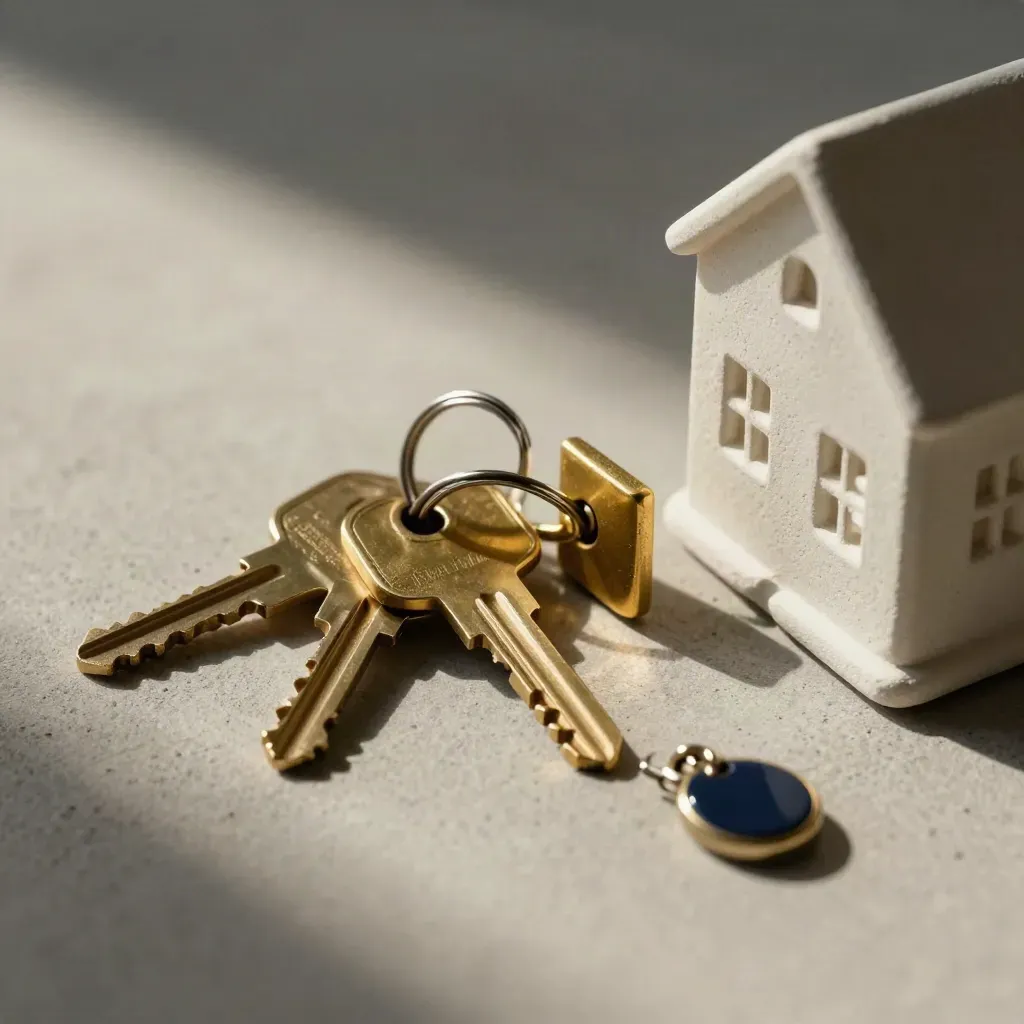 Llaves de vivienda, cierre de puerta y maqueta de casa sobre hormigón claro