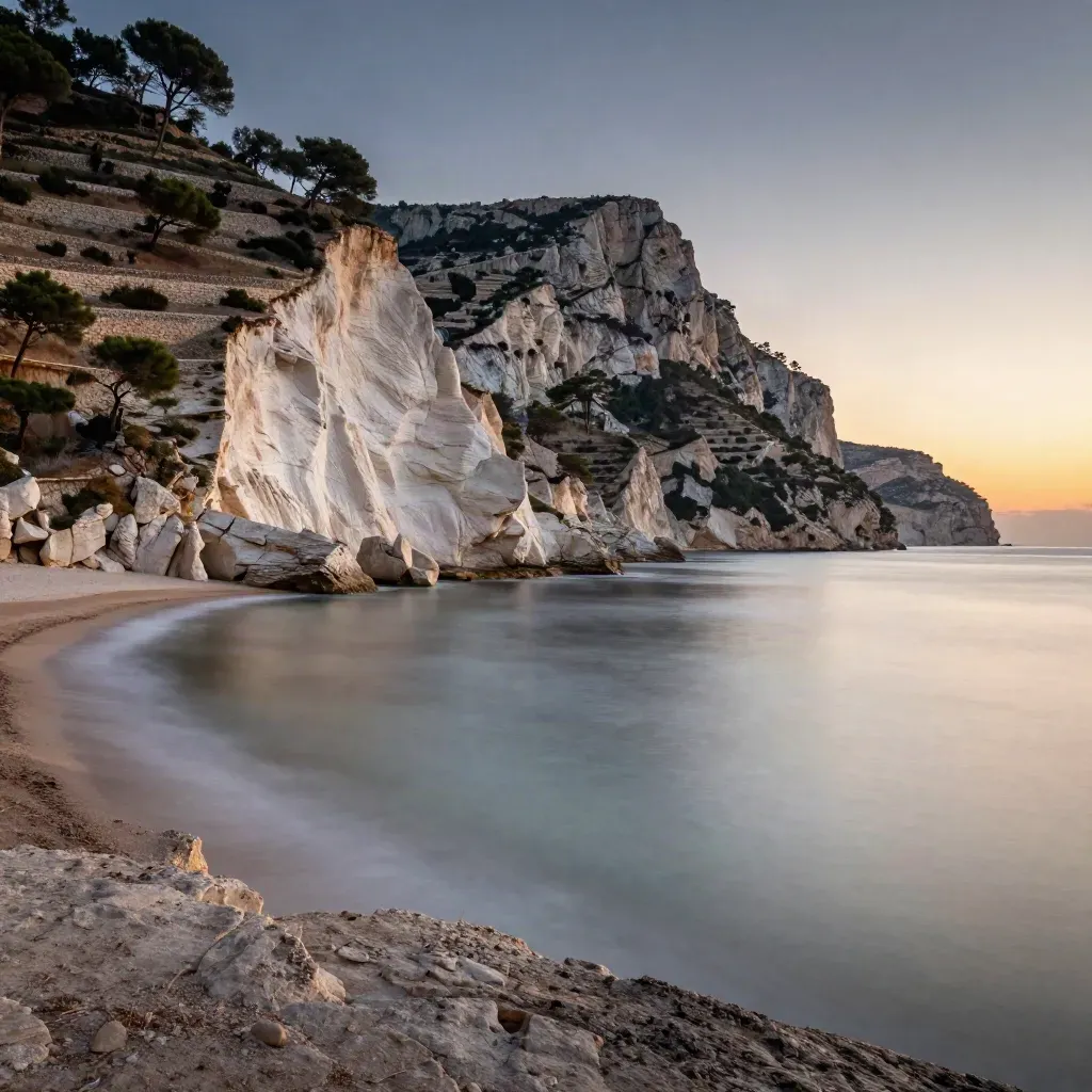 Costa Blanca Norte al azul de la tarde, acantilados blancos y pinos sobre mar en niebla