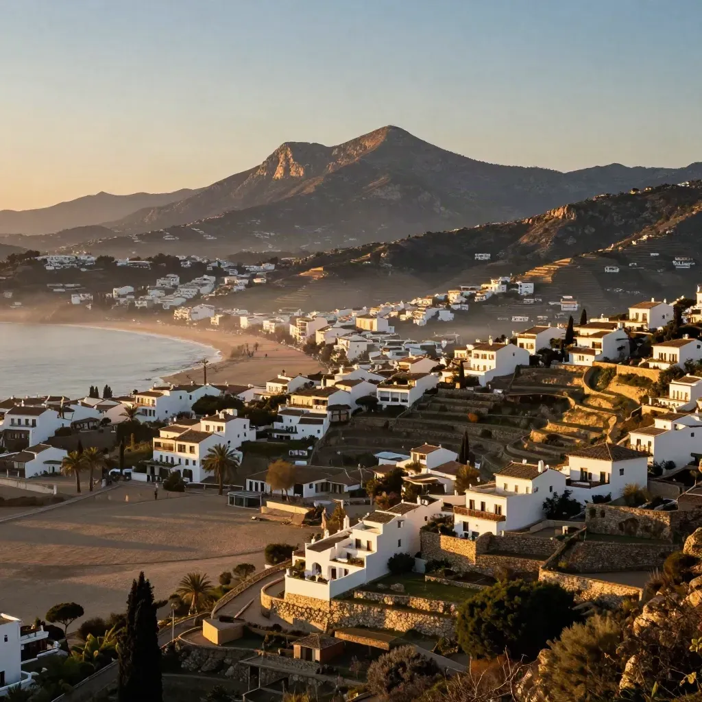 Vista dorada de la Costa del Sol con la sierra sobre Marbella y la costa en bruma.