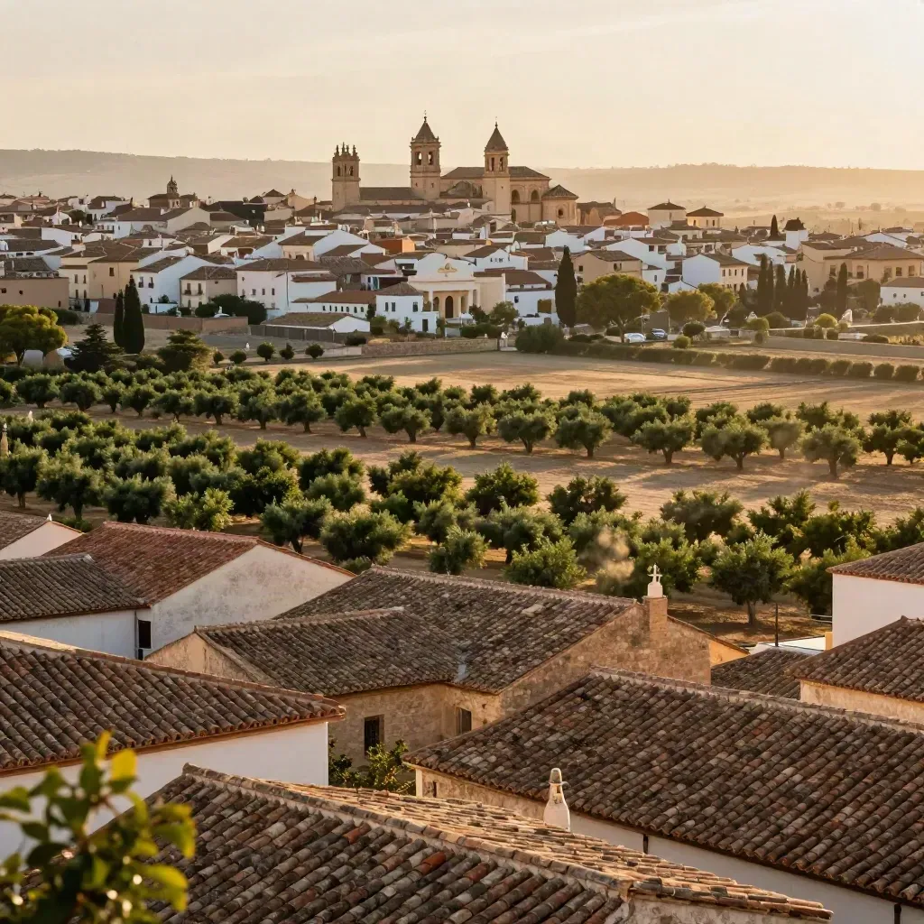 Vista elevada de València y huertos al atardecer, con tonos arena y calma para titular.