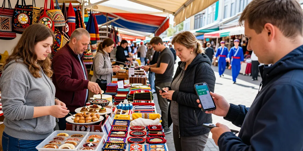 Explorador utilizando la app de https://payinrussia.com/ en un mercado de Rusia, rodeado de artesanías y comida local.
