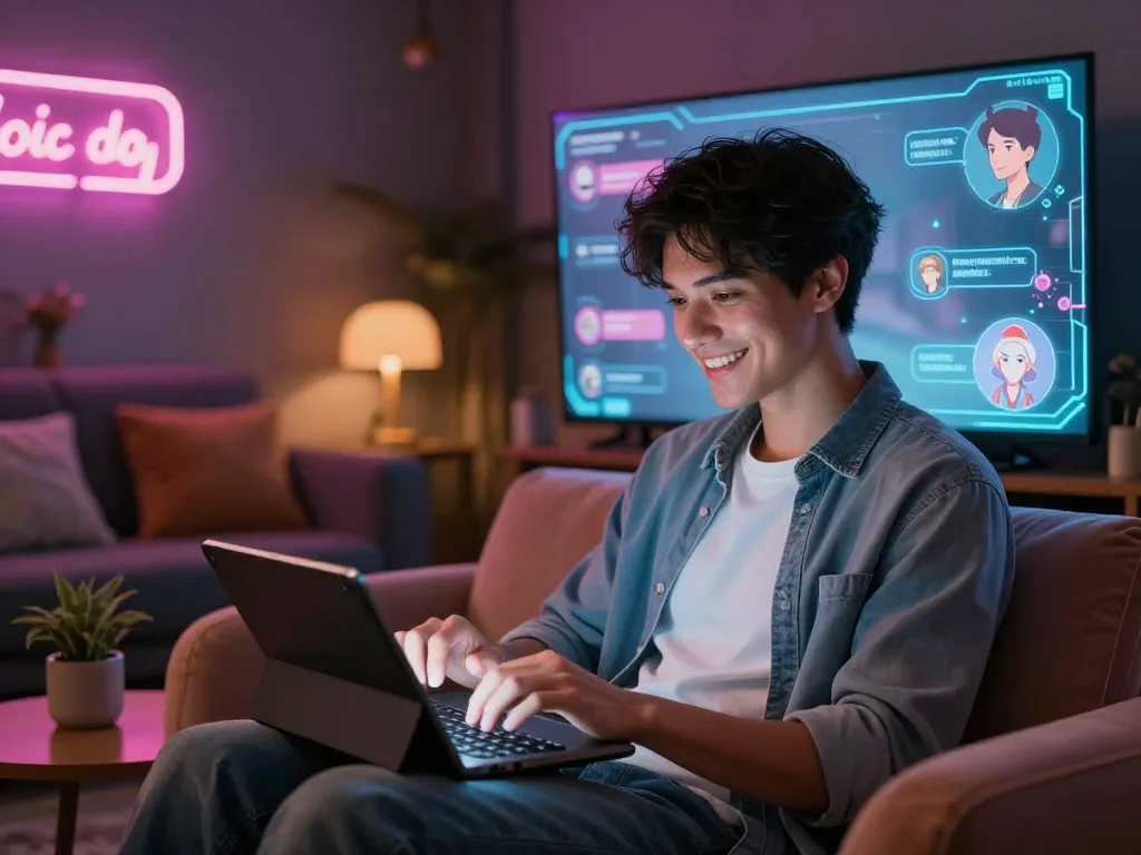 Engaging in personalized ai porn chat with a charming AI character in a cozy virtual lounge