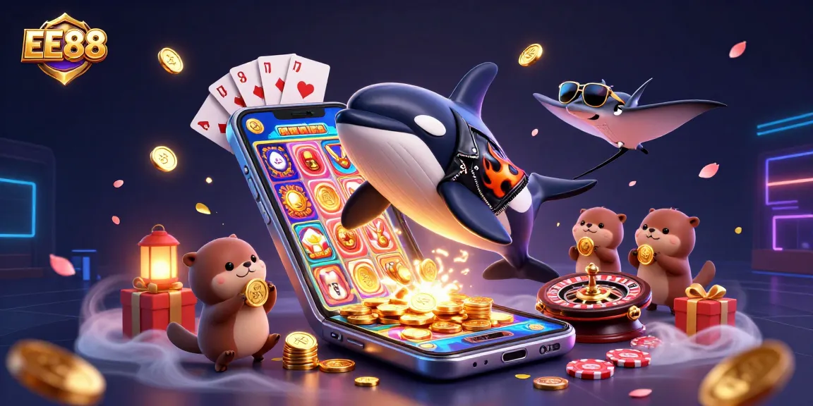 Engage with exciting slot games at EE88, featuring a vibrant 3D illustration of playful characters and casino elements.