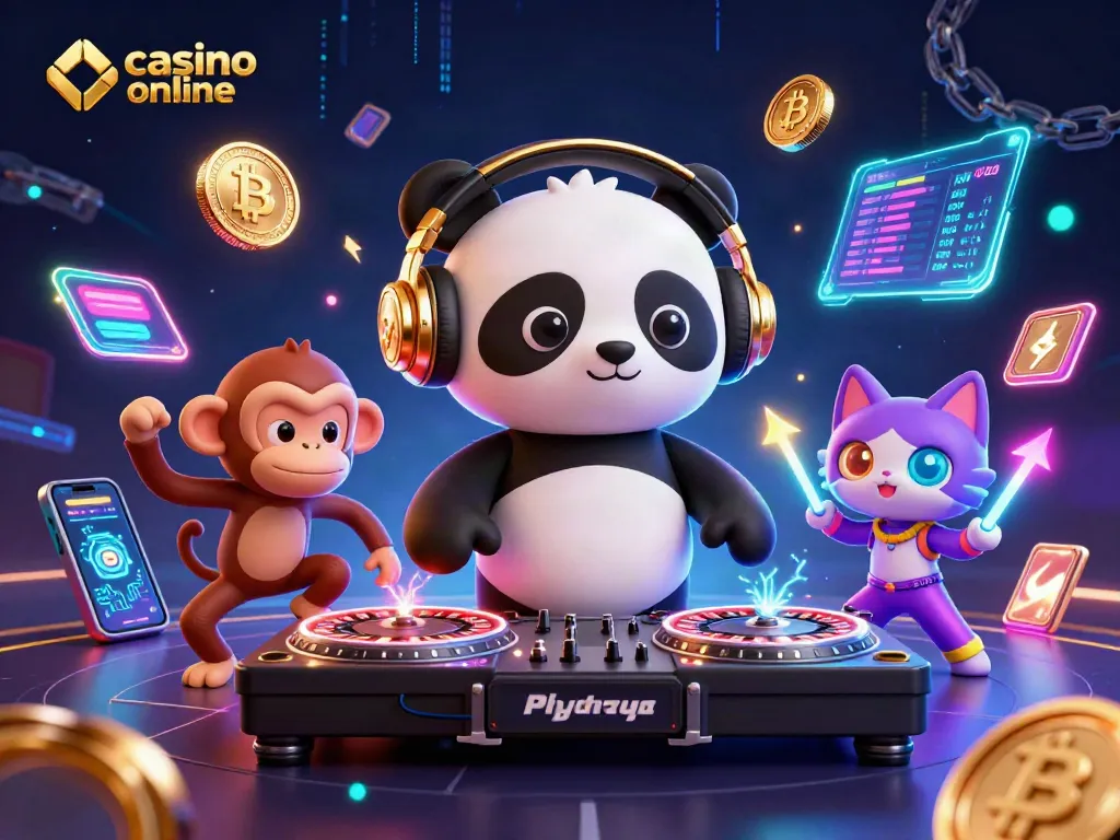 Disfruta del emocionante mundo del casino online con un panda DJ y divertidos personajes animados.