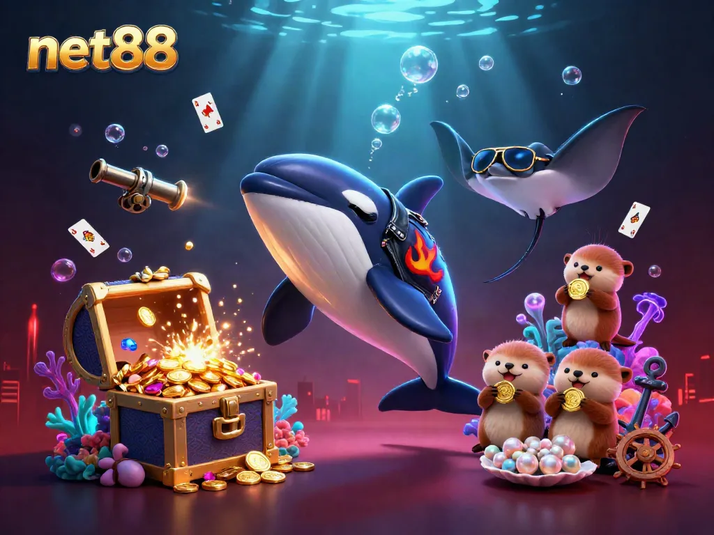 Experience the thrilling net88 gaming world with 3D characters, underwater treasure, and casino elements.