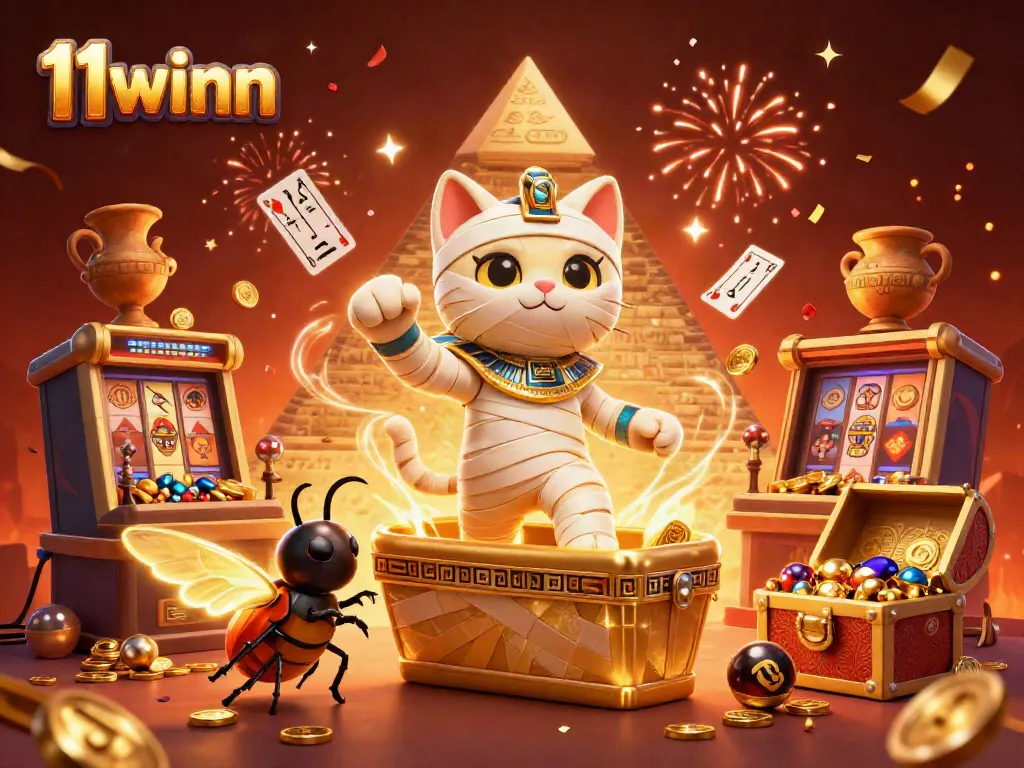 Experience thrilling wins with 11winn as the Egyptian mummy cat and treasures dominate the casino.