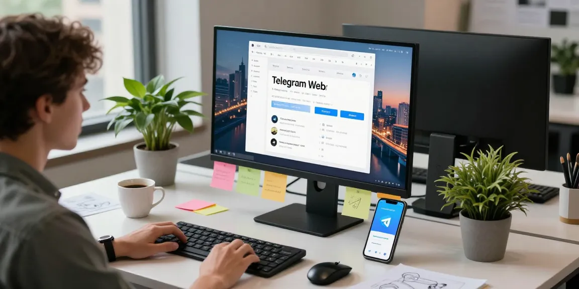 Person using Telegram Web on a sleek monitor in a modern workspace.