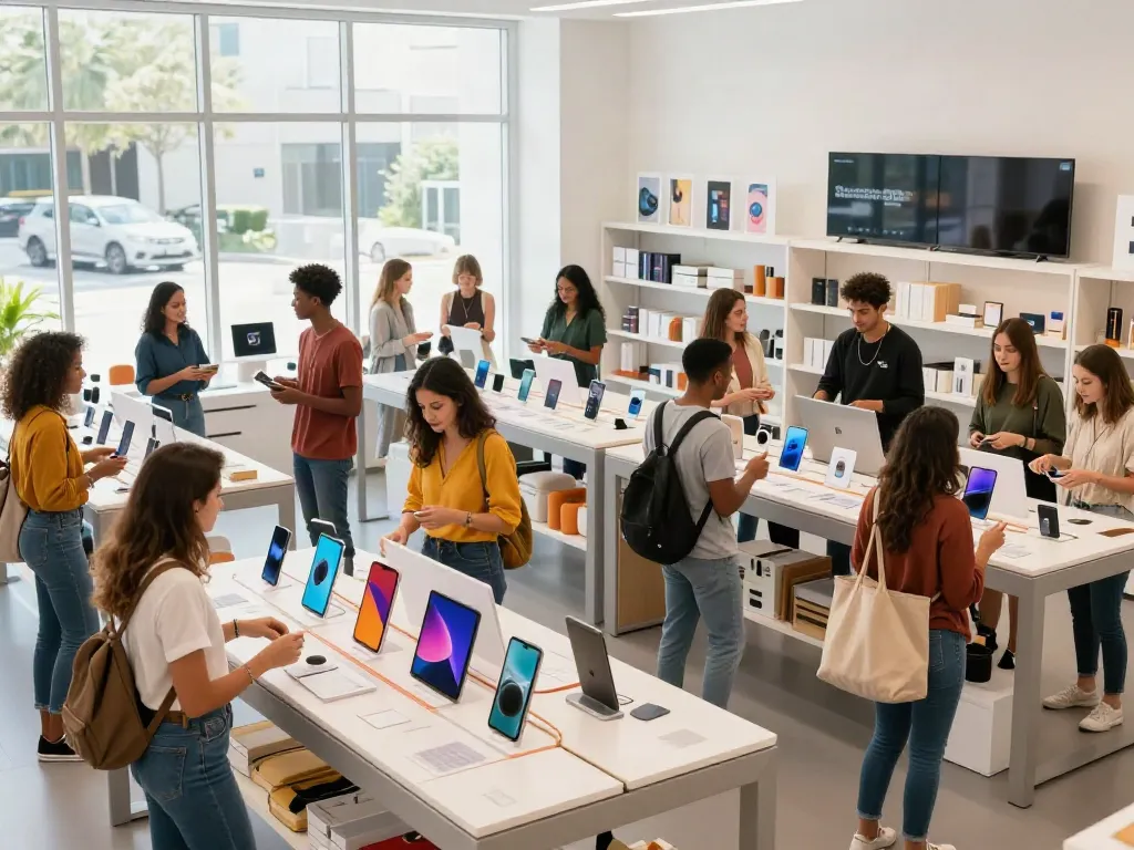 Customers engaging with diverse Productos in a vibrant retail space.