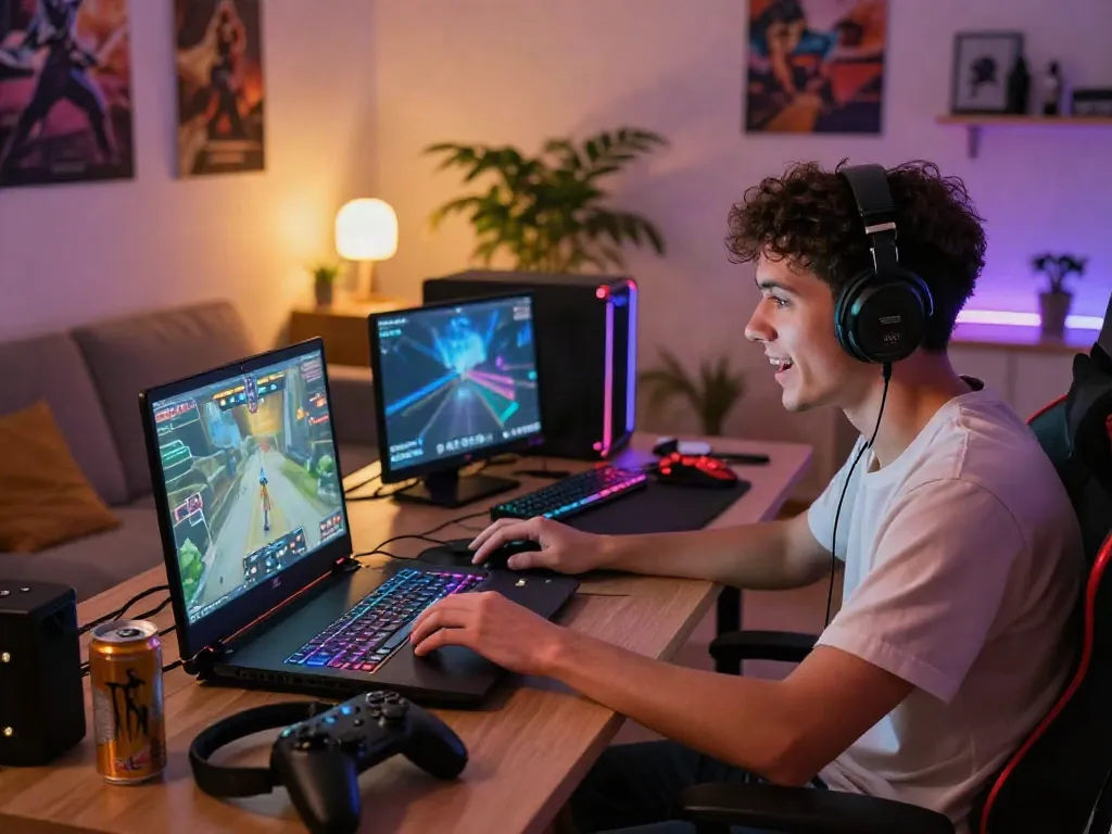 Engaging gaming experience at home with a laptop and accessories, highlighting https://nbet.group/.