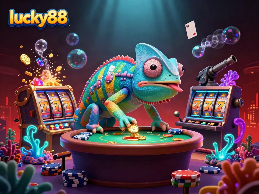 Experience thrilling gameplay in lucky88's vibrant casino atmosphere, featuring a dynamic chameleon character.