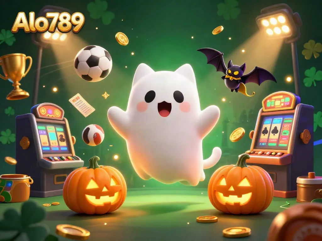 Experience the thrilling world of Alo789 with a ghost cat and a bat in a haunted casino scene.