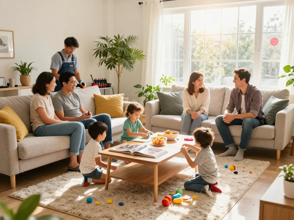 Sala de estar acogedora con reunión familiar que muestra servicios para el hogar en un ambiente cálido y acogedor.