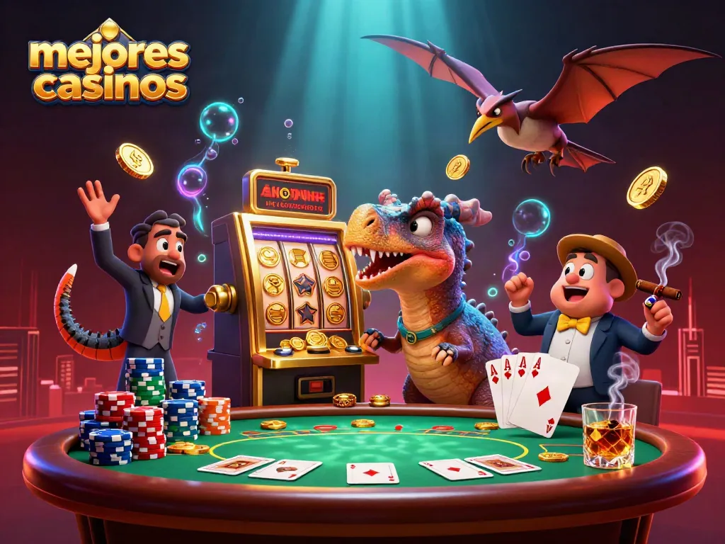 Los mejores casinos muestran un dinosaurio ganando jackpot en un emocionante ambiente de juego.