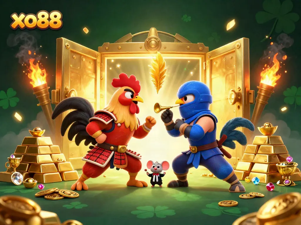 Experience thrilling action with xo88's 3D fighting roosters in an exciting casino scene.