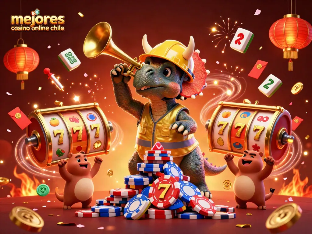 Los mejores casinos online Chile presentan una colorida escena festiva con personajes celebrando junto a símbolos de tragamonedas.