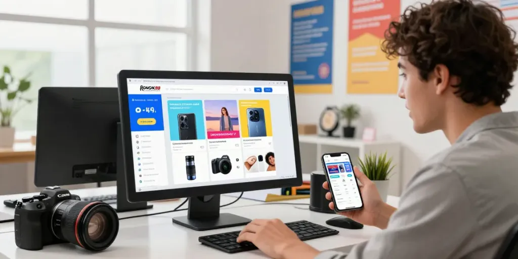 Shopper interacting with ROKOK88 e-commerce site, showcasing vibrant retail atmosphere.