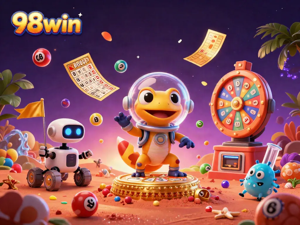 98win showcases a Martian gecko exploring a golden casino, surrounded by colorful lotto elements.