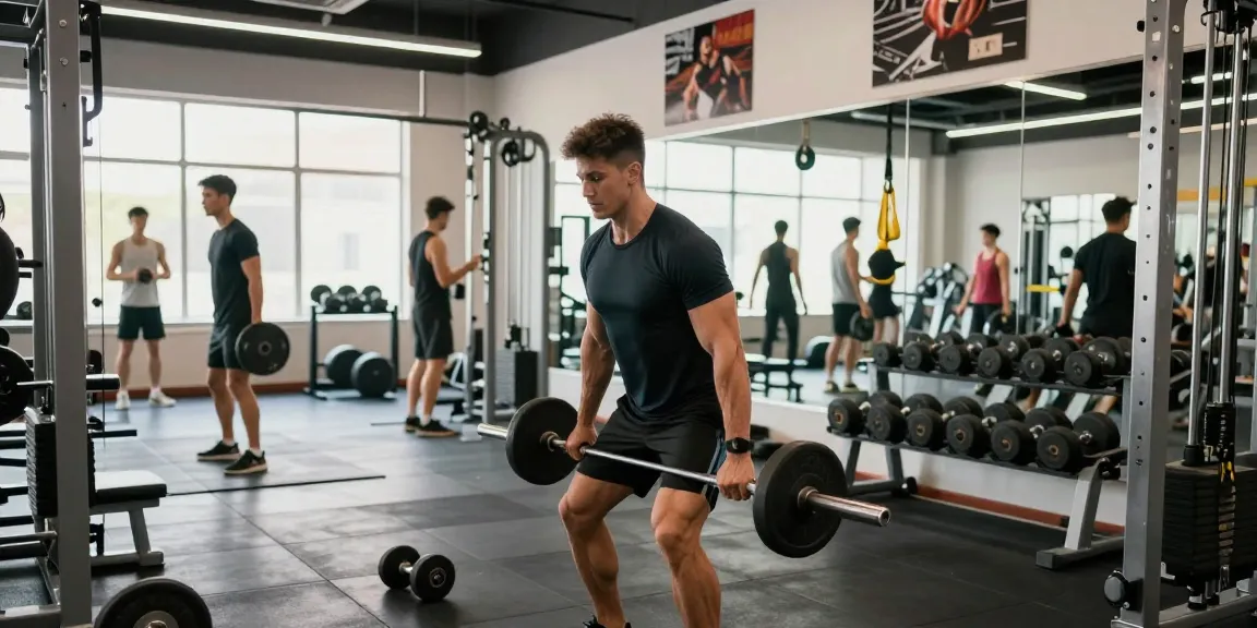 Entrenamiento en el gimnasio con Esteroidesshop mostrando a un modelo levantando pesas con intensidad.