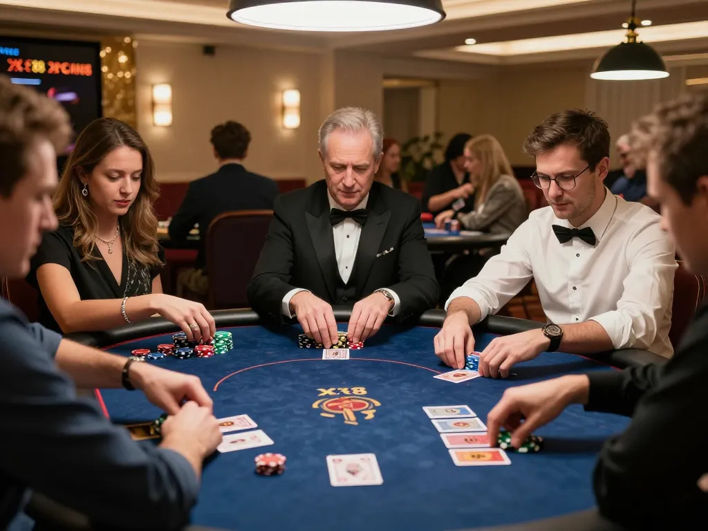 Players enjoying intense poker gameplay at XX88 casino with vibrant chips and cards highlighted