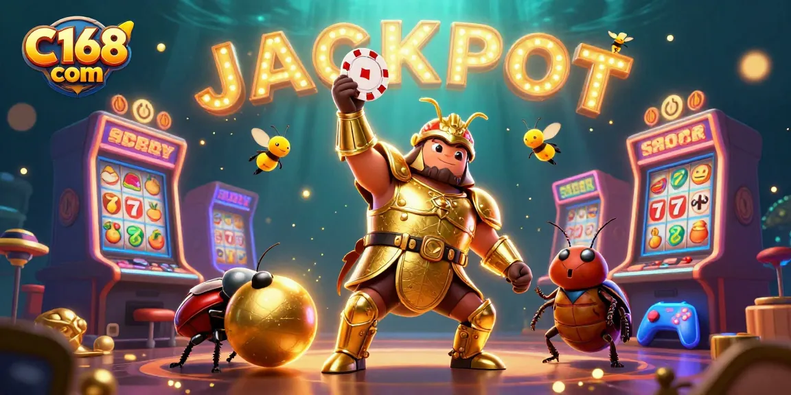 Play and win on C168 com with this engaging illustration of slot machines and animated characters celebrating jackpots!